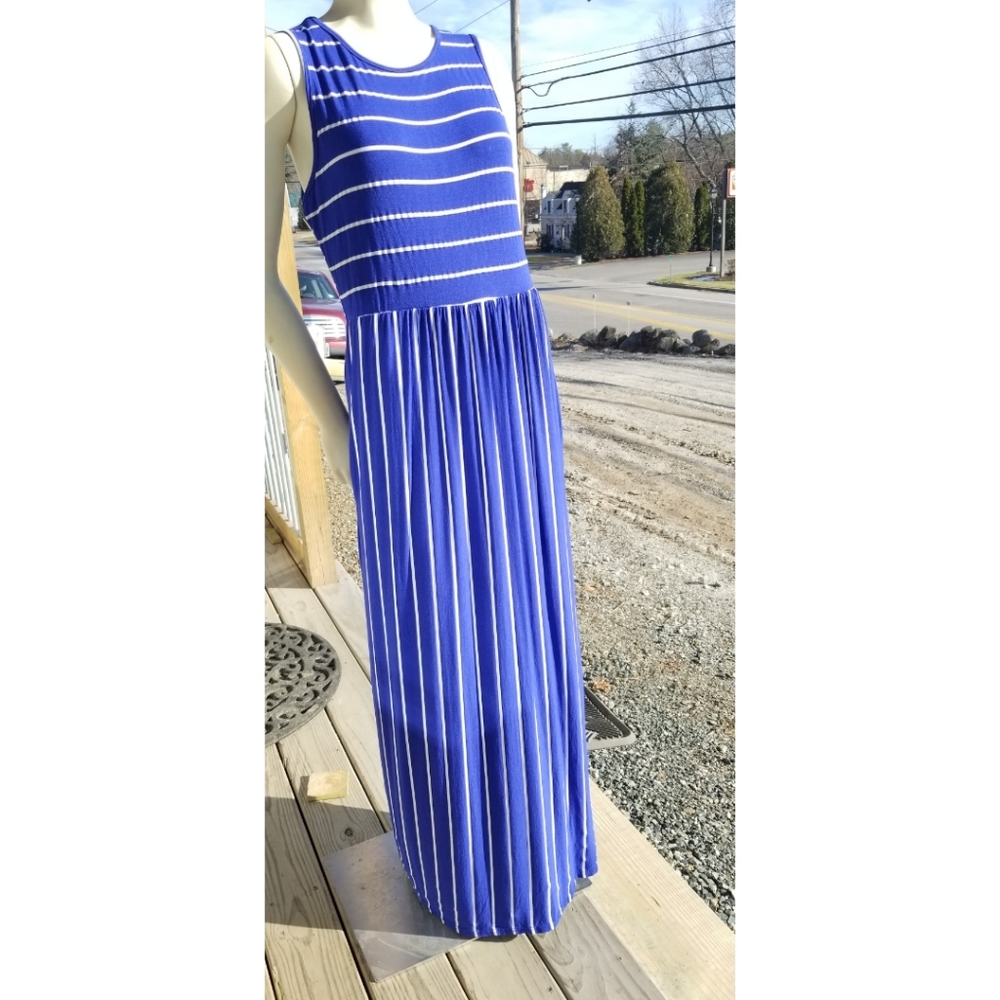 Houton Sleeveless Blue Striped Flowy Maxi Dress L - Picture 10 of 10